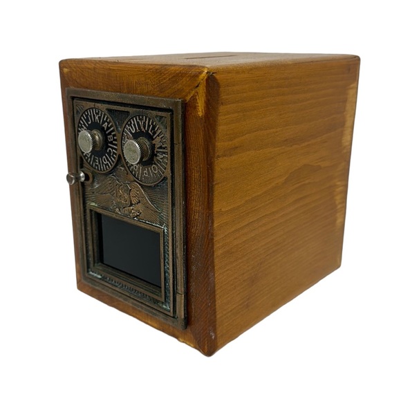 Antique Post Office Double Eagle Dial Door Coin Bank Wooden Box 7" x 5" x 6.5" - Picture 5 of 13